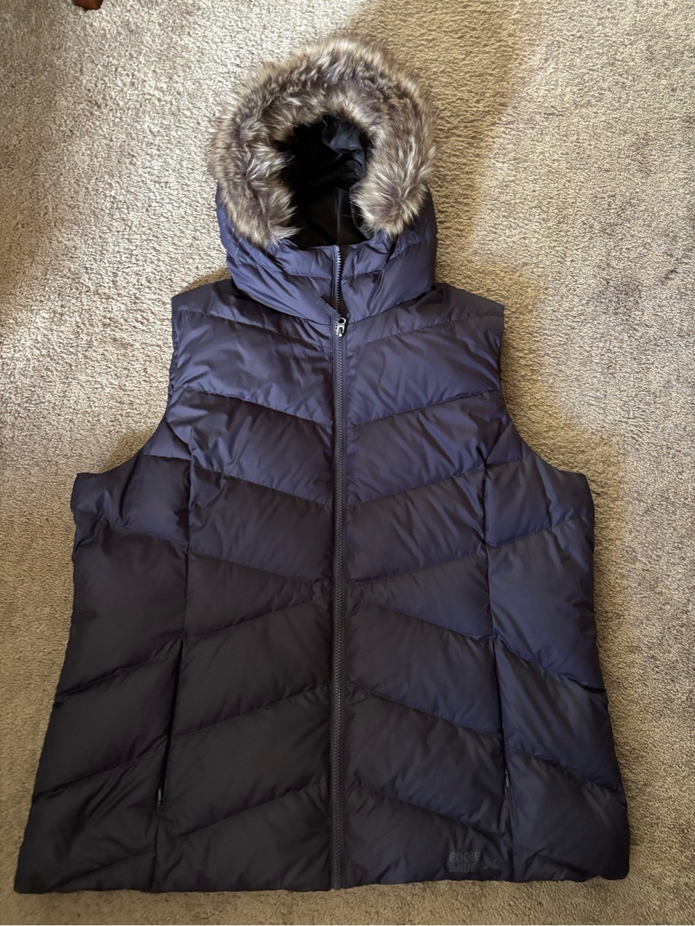 Eddie Bauer Navy Quilted Hooded Down Puffer Vest with Faux Fur Trim